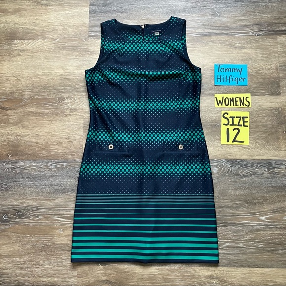 Tommy Hilfiger Women's Size 12 Navy Blue and Green Striped Dress - Picture 1 of 12